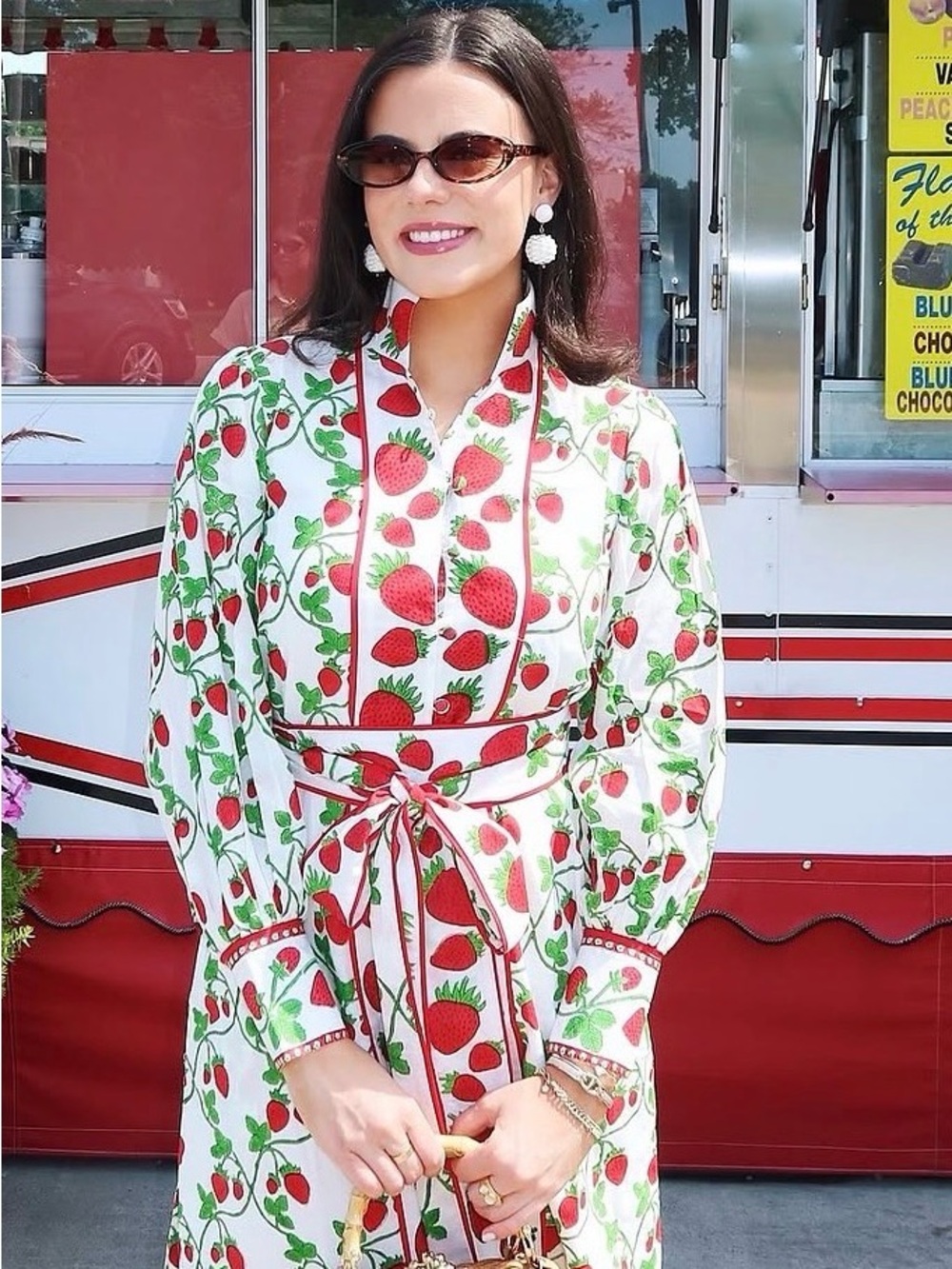 Strawberry-Print Long Sleeve Dress with Tie Waist